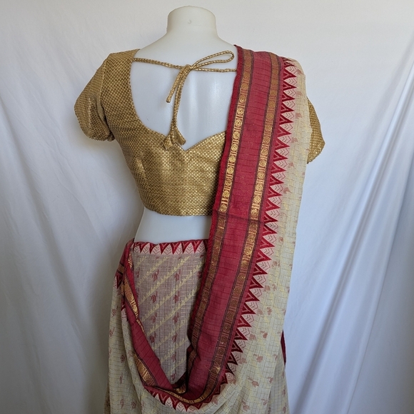 Vintage Indian Saree Red Cream Gold Pallu Without Blouse South Asian Desi Sari - Picture 10 of 10